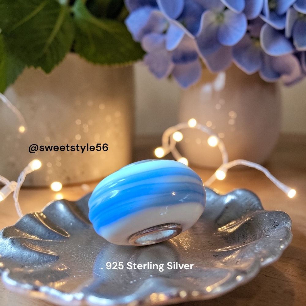IBB .925 Sterling And Glass Blue And White Swirl Slider Charm